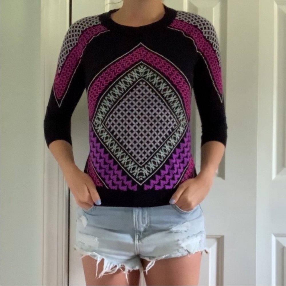 J. Crew Navy Sweater with Pink Geometric Design